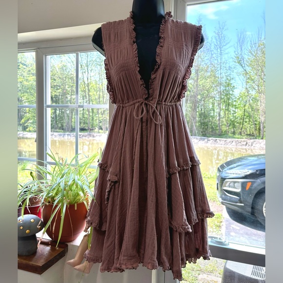 Free People Antoinette Mini Dress, Coyote Tan Flowy Fairy Desert Dress - Picture 1 of 8